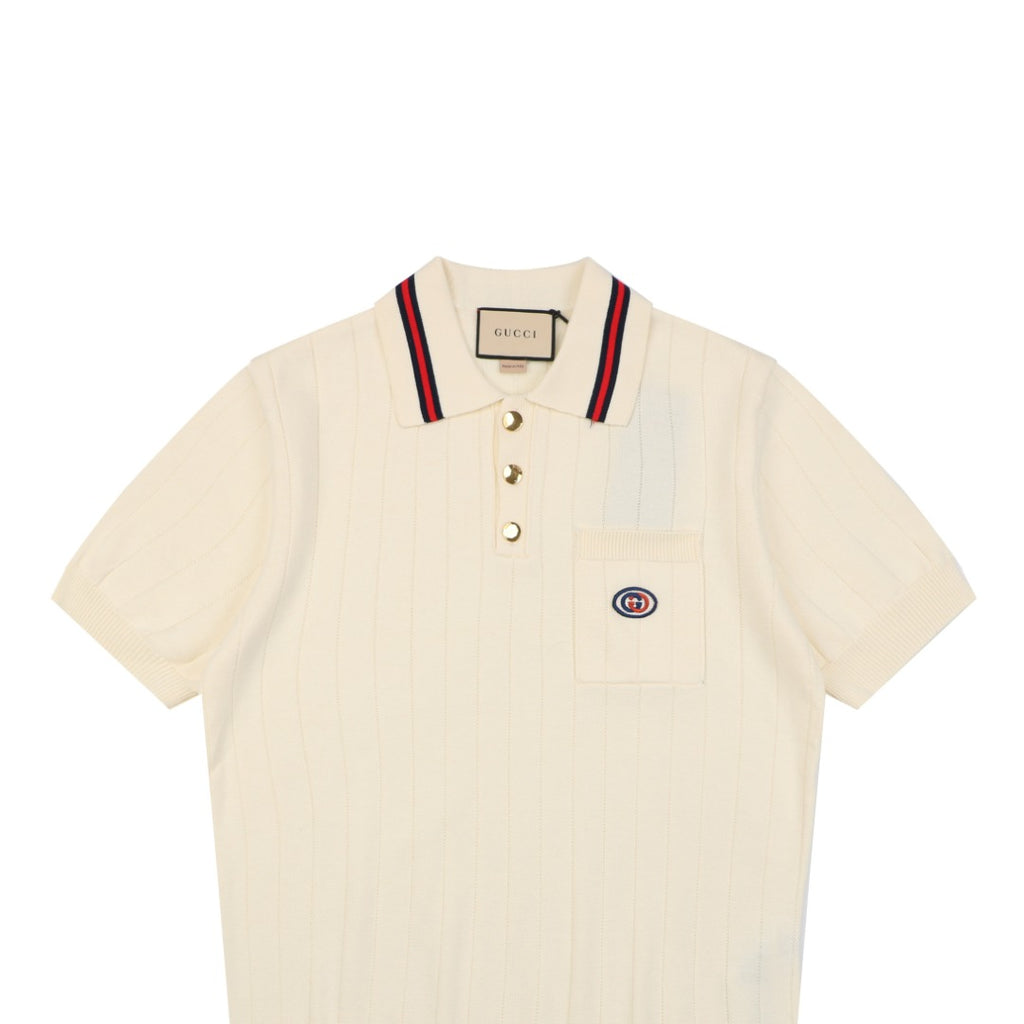 Gucci Interlocking GG Embroidered Web Stripe Polo Shirt Cream