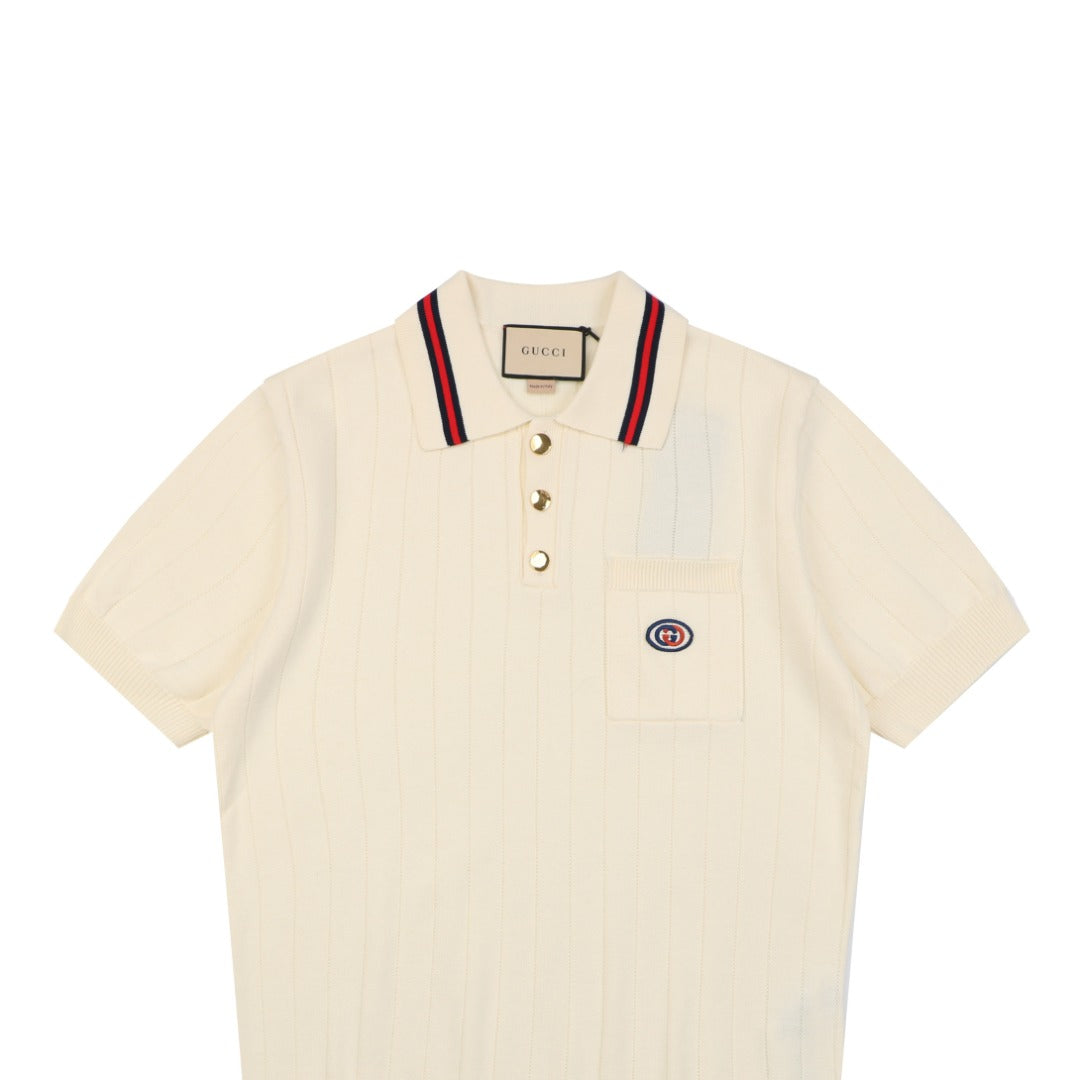 Gucci Interlocking GG Embroidered Web Stripe Polo Shirt Cream