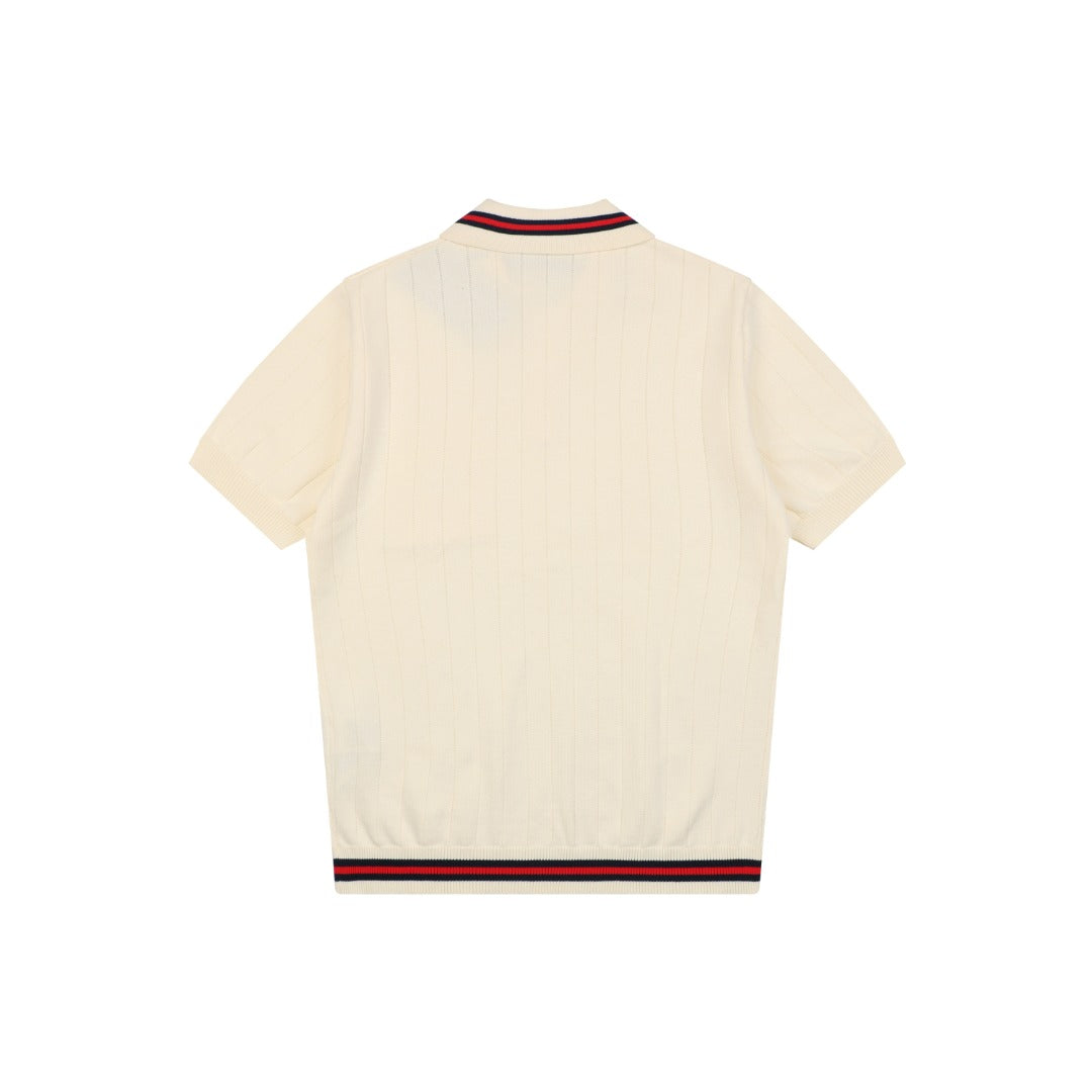 Gucci Interlocking GG Embroidered Web Stripe Polo Shirt Cream