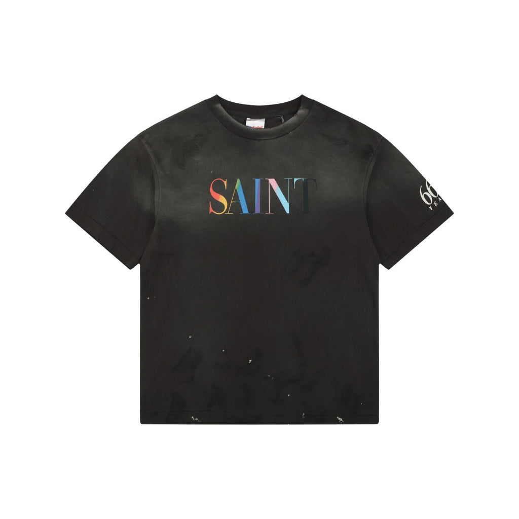 Saint Michael Rainbow SAINT Letter Print Short Sleeve Tee Black