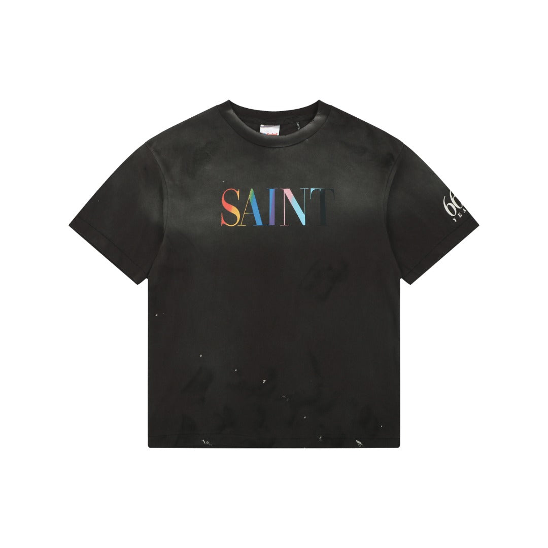 Saint Michael Rainbow SAINT Letter Print Short Sleeve Tee Black