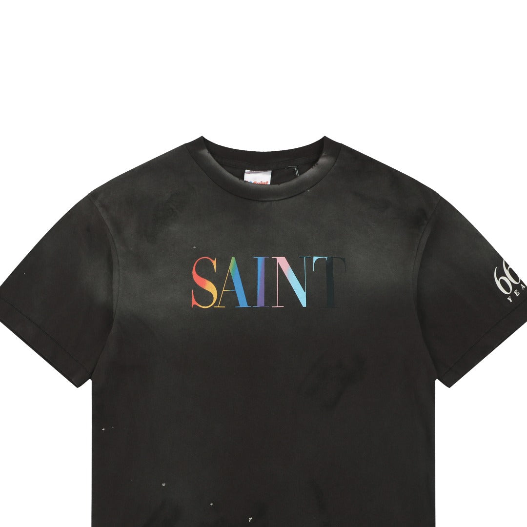 Saint Michael Rainbow SAINT Letter Print Short Sleeve Tee Black