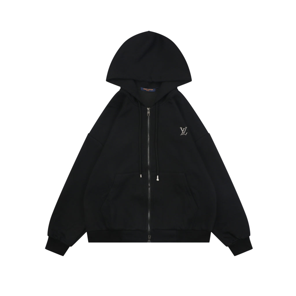 Louis Vuitton Metal LV Monogram Small Logo Zip-Up Hoodie Jacket Black