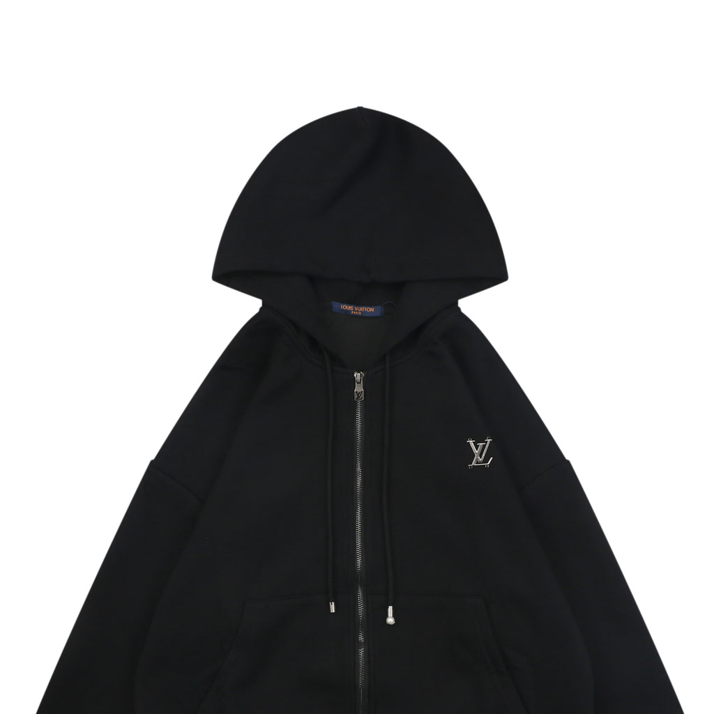 Louis Vuitton Metal LV Monogram Small Logo Zip-Up Hoodie Jacket Black