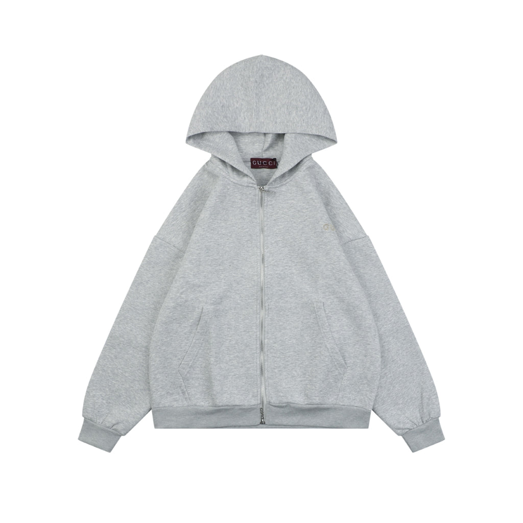 Gucci Tonal G Letter Patch Embroidered Zip-Up Oversized Hoodie — Grey