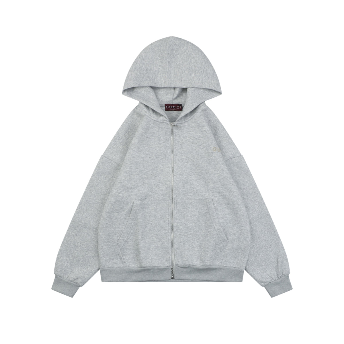 Gucci Tonal G Letter Patch Embroidered Zip-Up Oversized Hoodie — Grey