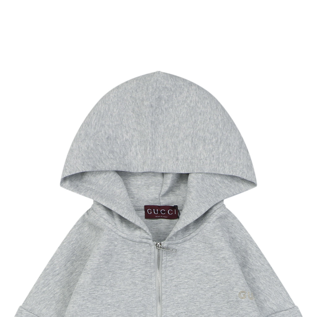 Gucci Tonal G Letter Patch Embroidered Zip-Up Oversized Hoodie — Grey