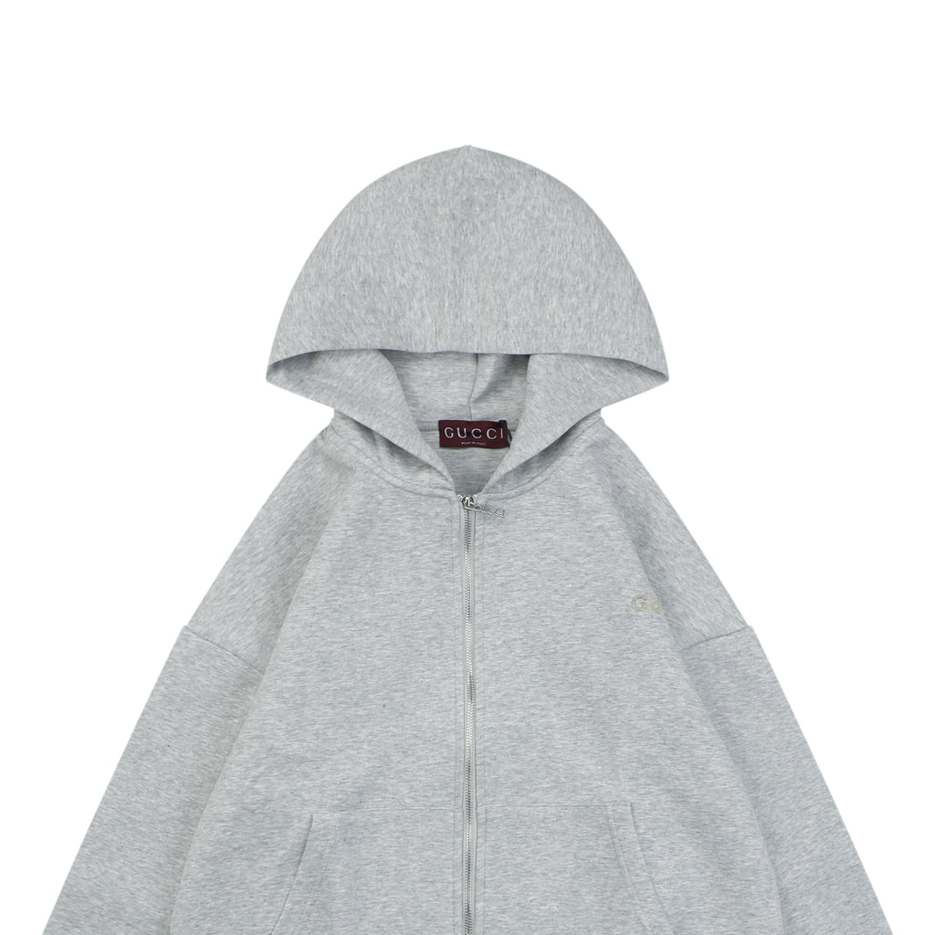 Gucci Tonal G Letter Patch Embroidered Zip-Up Oversized Hoodie — Grey