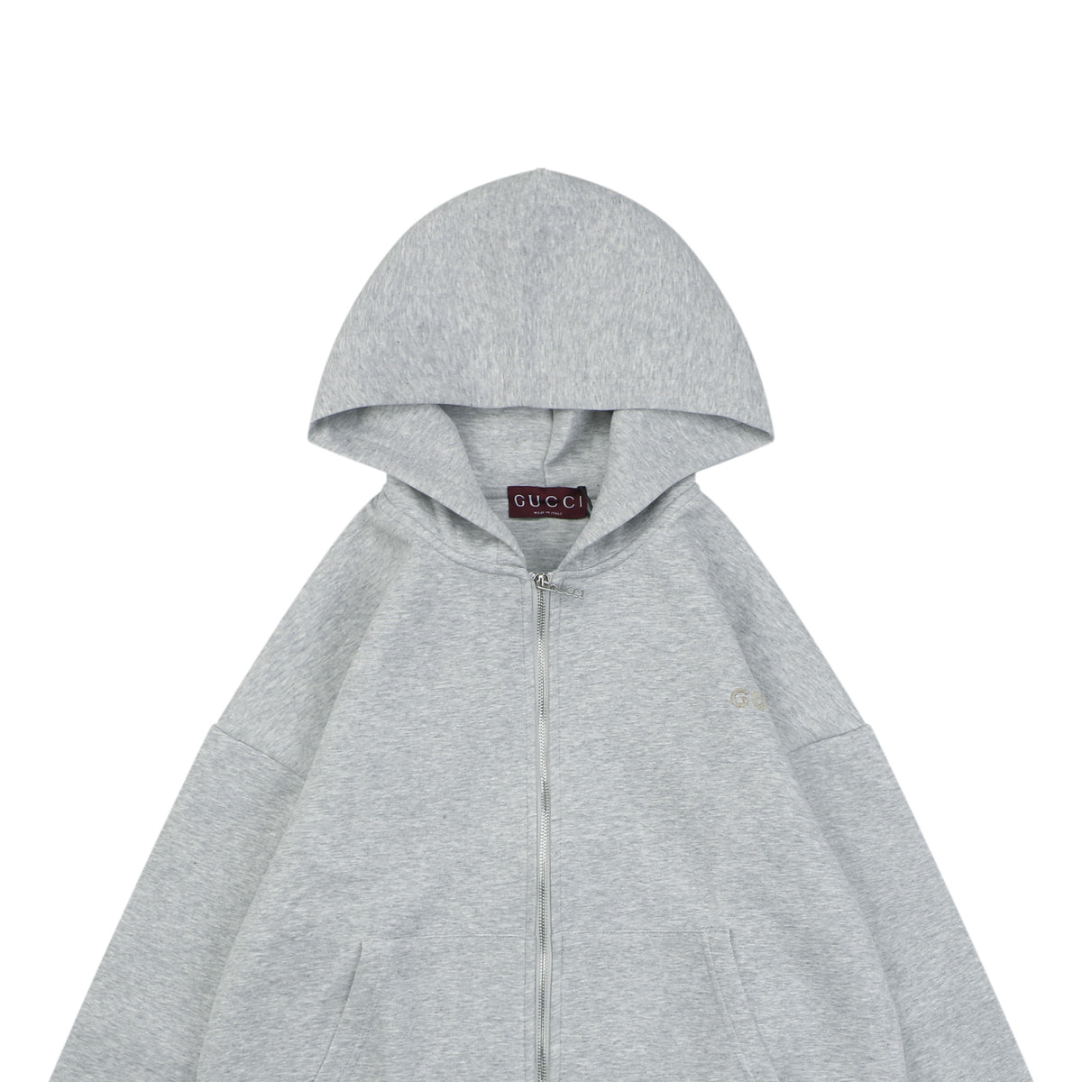 Gucci Tonal G Letter Patch Embroidered Zip-Up Oversized Hoodie — Grey