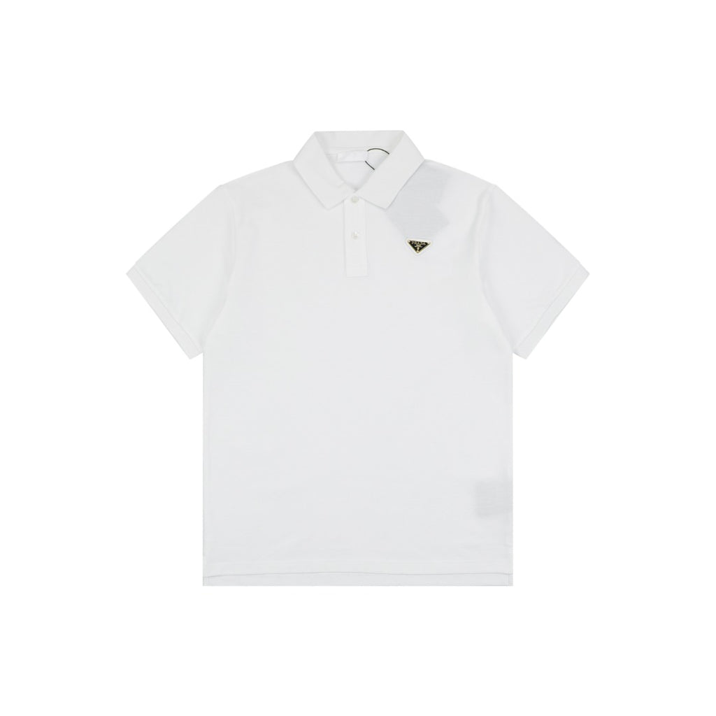 Prada Gold Triangle Logo Piqué Short Sleeve Polo Shirt — White