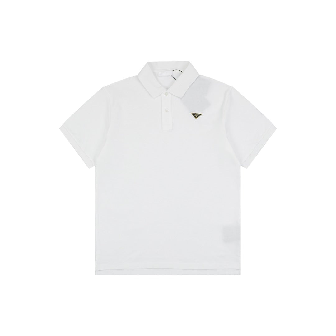 Prada Gold Triangle Logo Piqué Short Sleeve Polo Shirt — White