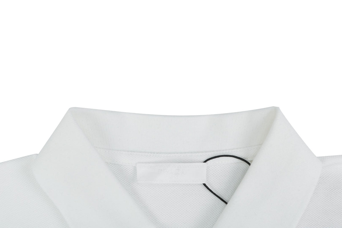 Prada Gold Triangle Logo Piqué Short Sleeve Polo Shirt — White