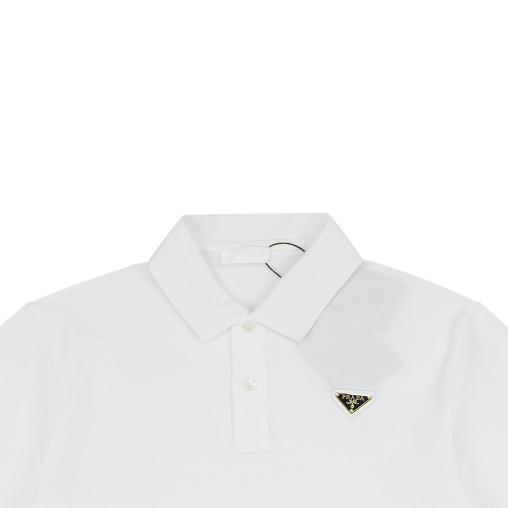 Prada Gold Triangle Logo Piqué Short Sleeve Polo Shirt — White