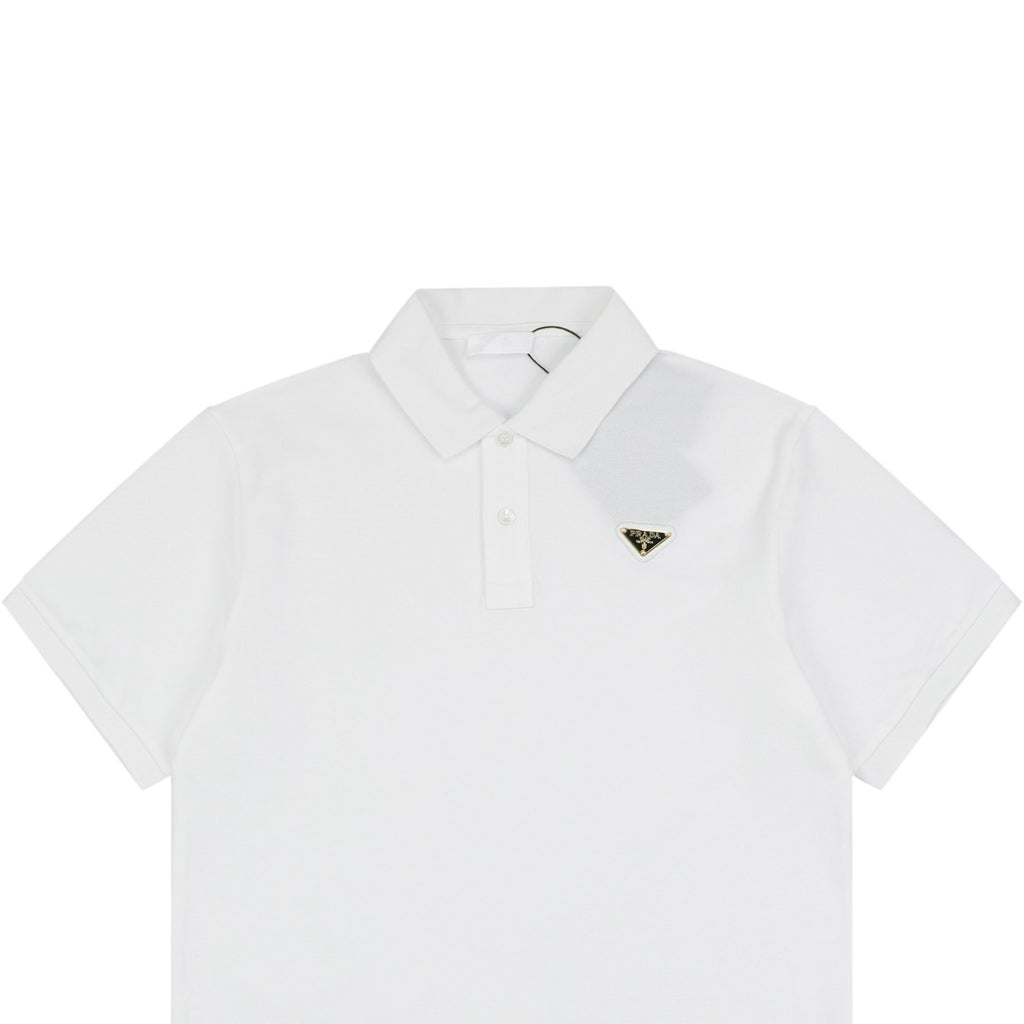 Prada Gold Triangle Logo Piqué Short Sleeve Polo Shirt — White