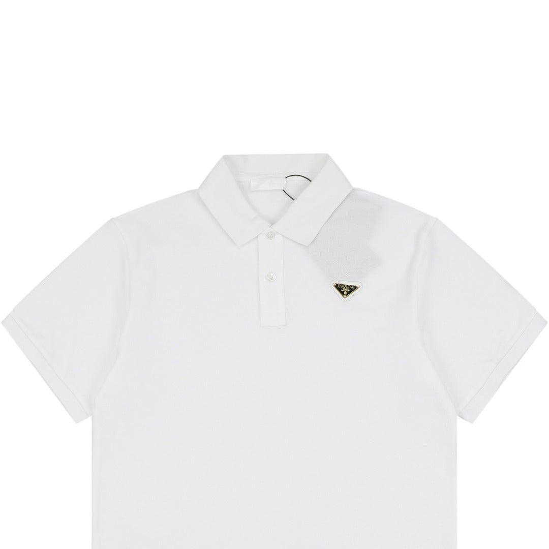 Prada Gold Triangle Logo Piqué Short Sleeve Polo Shirt — White