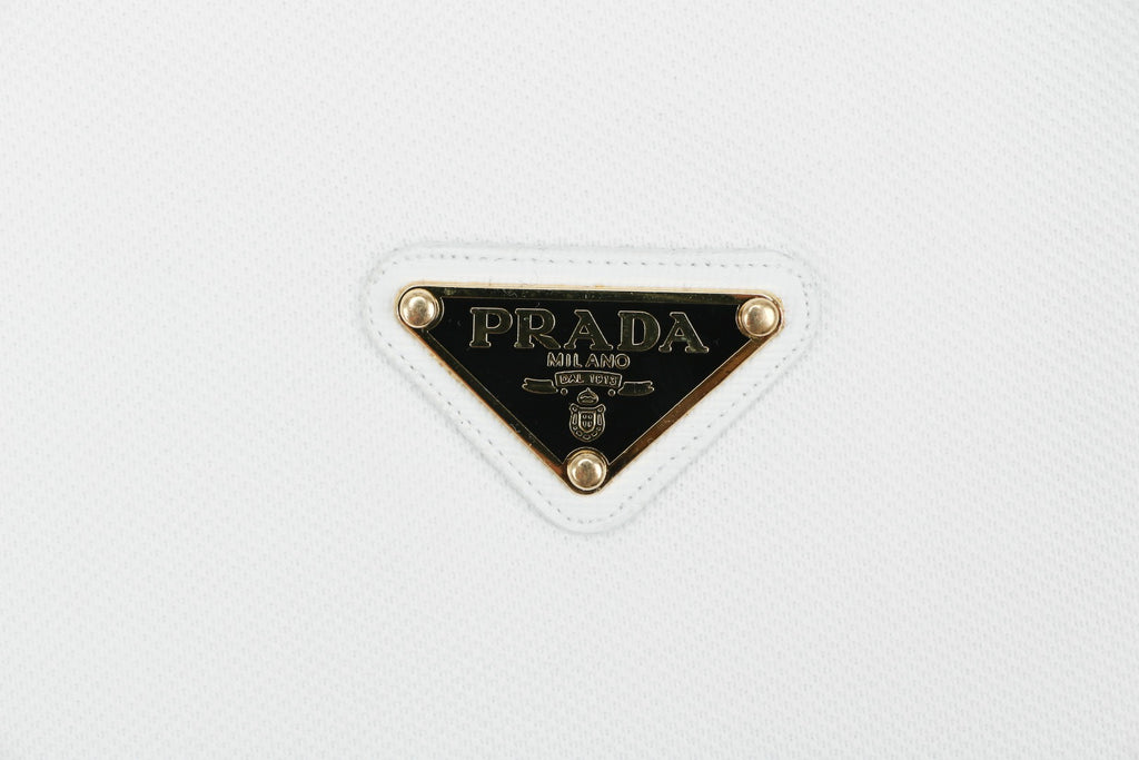 Prada Gold Triangle Logo Piqué Short Sleeve Polo Shirt — White
