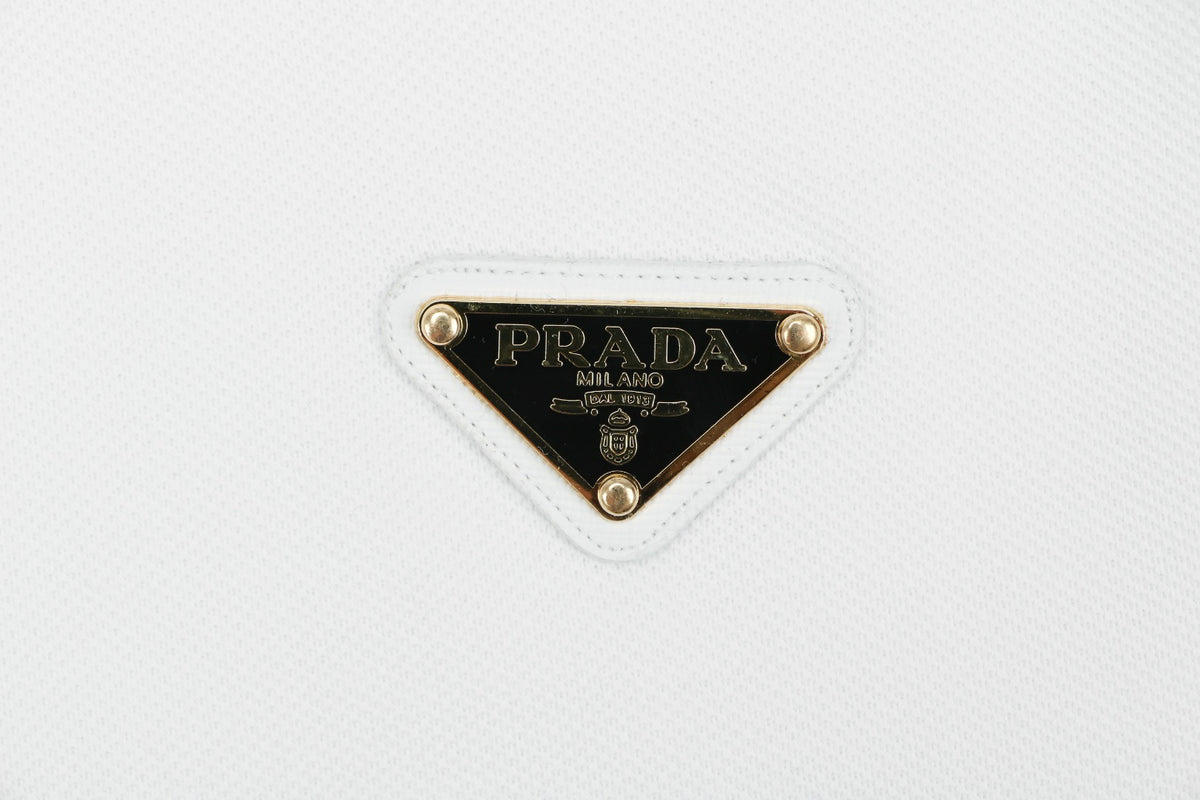 Prada Gold Triangle Logo Piqué Short Sleeve Polo Shirt — White