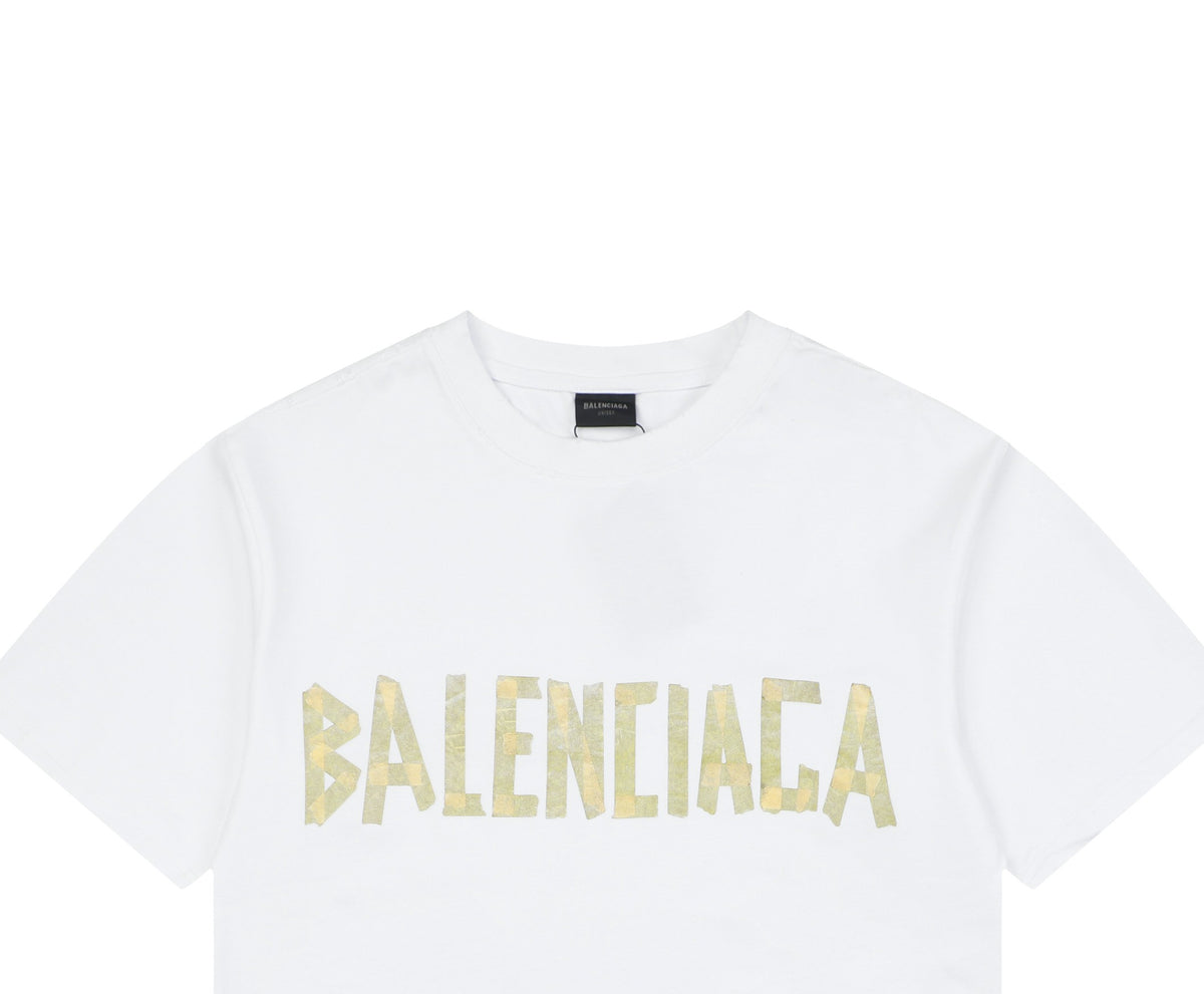 Balenciaga Yellow Tape Blur Wordmark Print Oversized Short Sleeve Tee — White