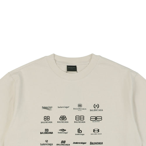 Balenciaga 23SS Paris Multi-Logo Archive Print Double-Sided Oversized Short Sleeve Tee — Cream