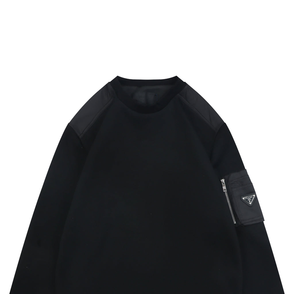 Prada Sleeve Zip Pocket Triangle Logo Crewneck Sweatshirt Black