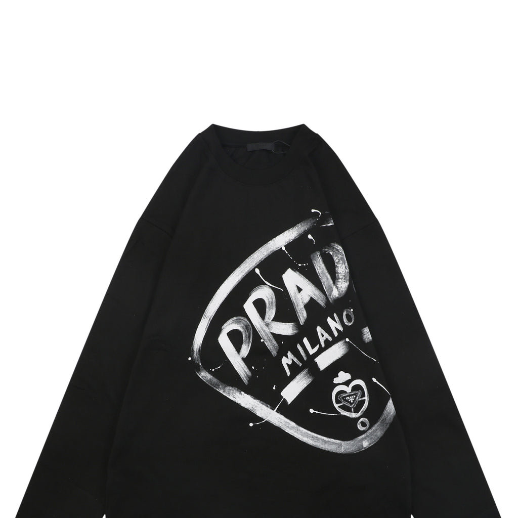 Prada Graffiti Shield Logo Print Long Sleeve Tee Black