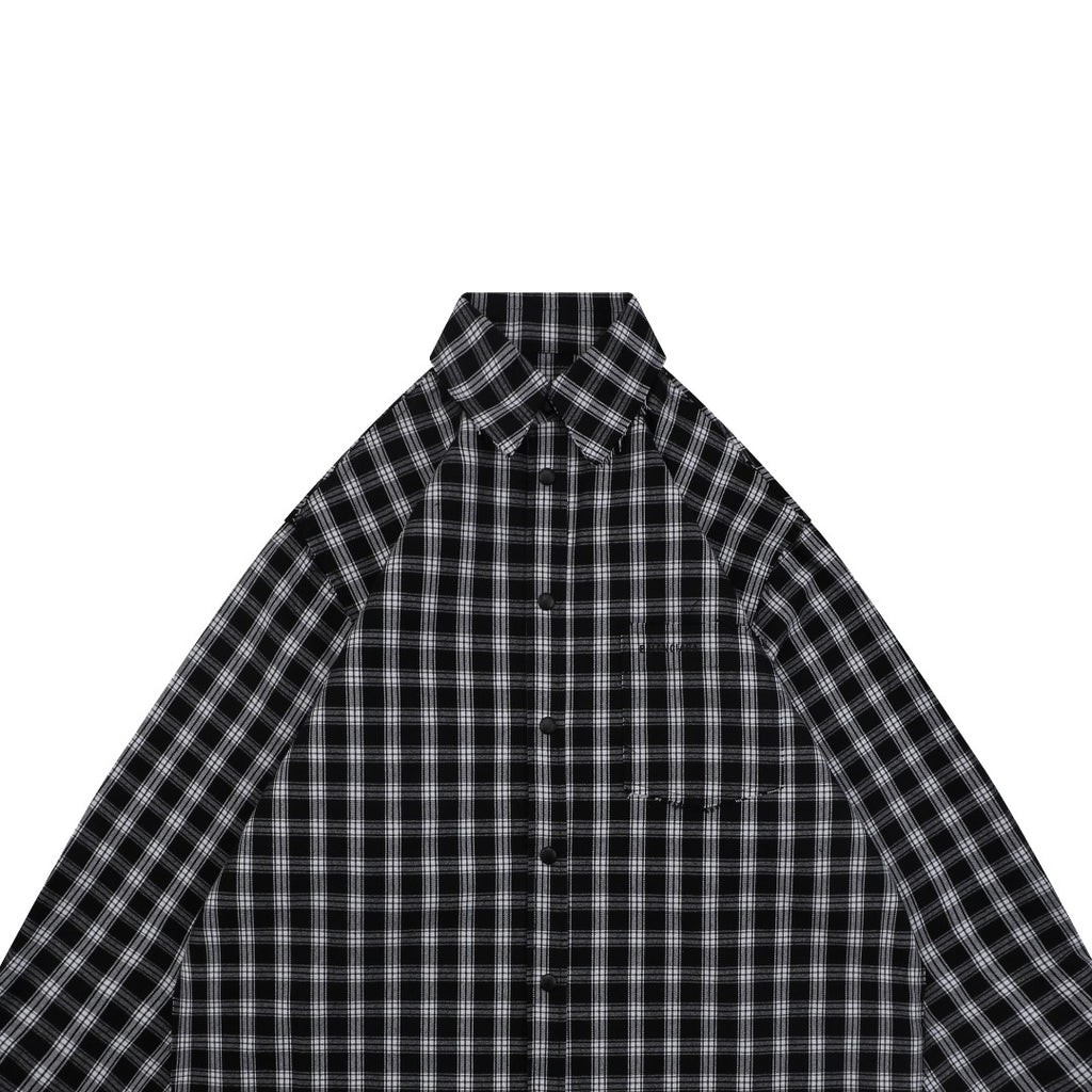 Balenciaga Black and White Checked Distressed Frayed-Edge Long-Sleeve Shirt