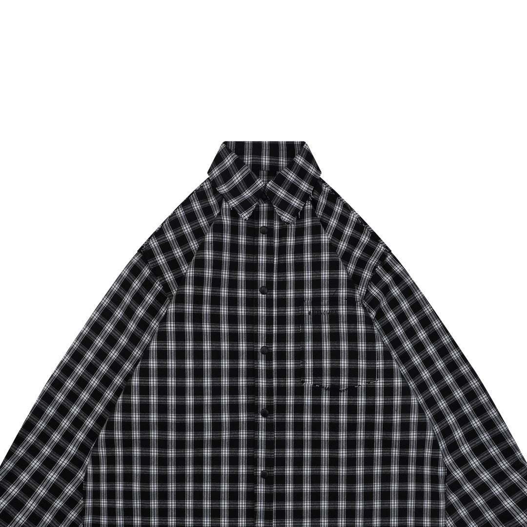 Balenciaga Black and White Checked Distressed Frayed-Edge Long-Sleeve Shirt