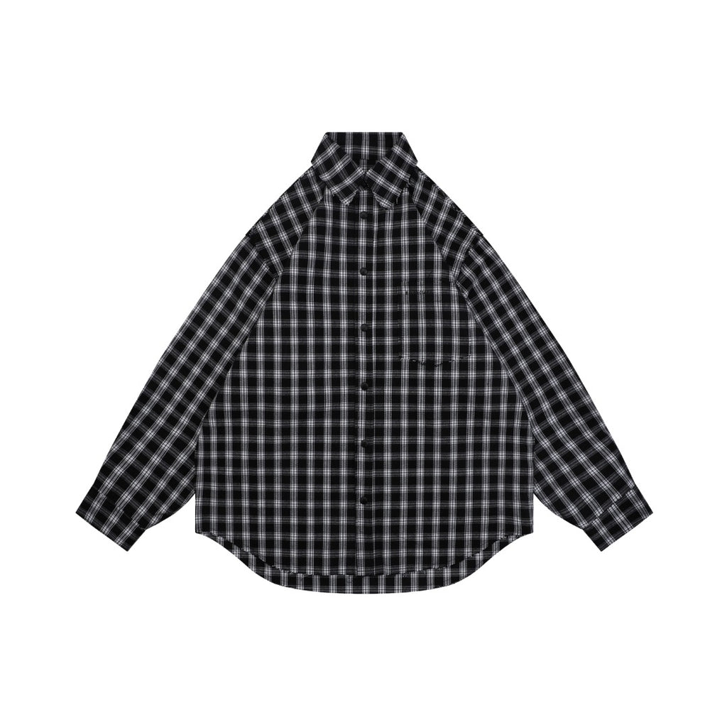 Balenciaga Black and White Checked Distressed Frayed-Edge Long-Sleeve Shirt
