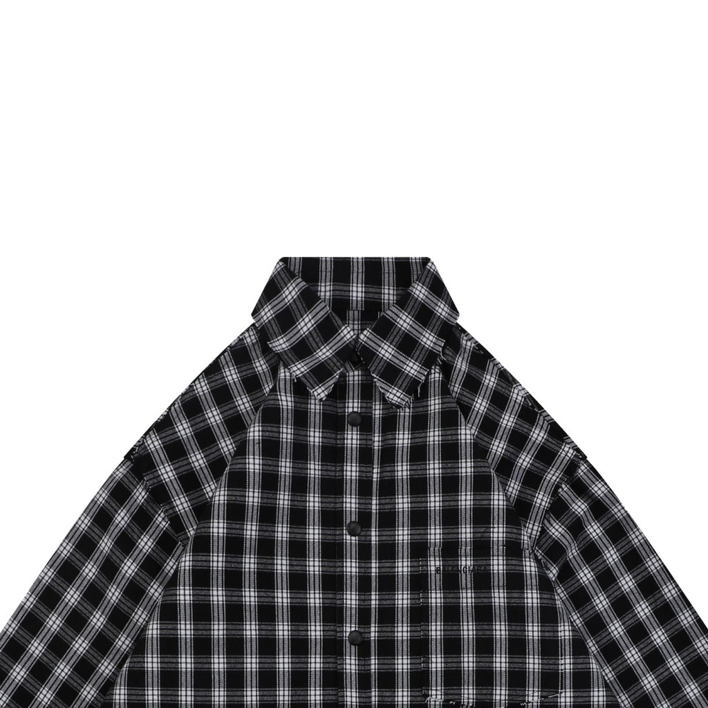 Balenciaga Black and White Checked Distressed Frayed-Edge Long-Sleeve Shirt