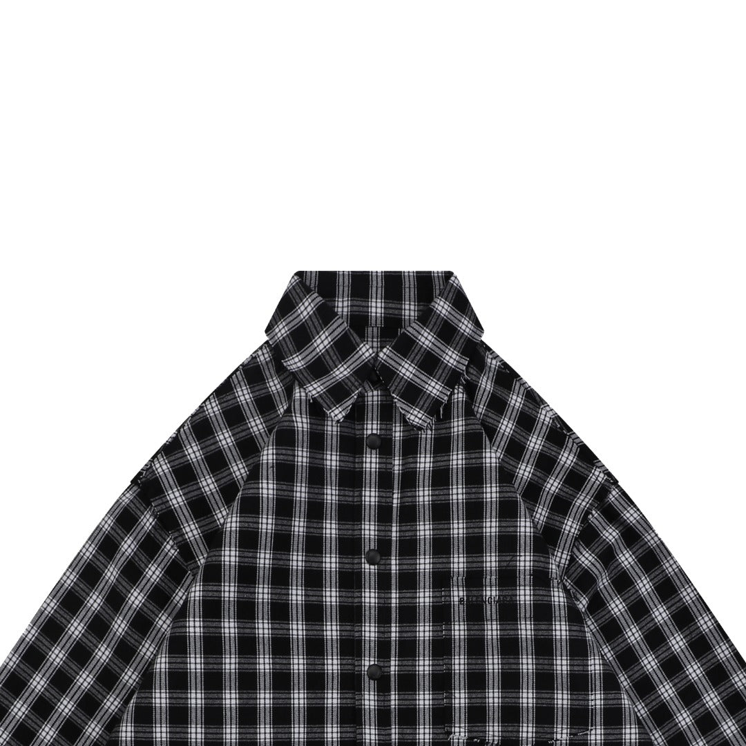 Balenciaga Black and White Checked Distressed Frayed-Edge Long-Sleeve Shirt
