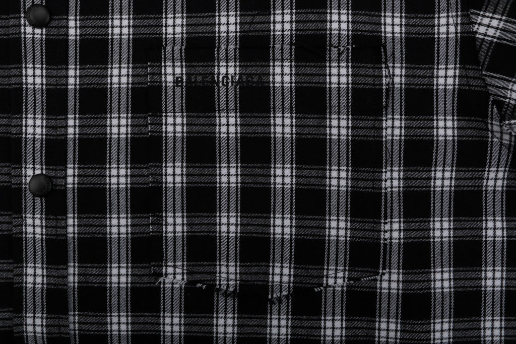 Balenciaga Black and White Checked Distressed Frayed-Edge Long-Sleeve Shirt