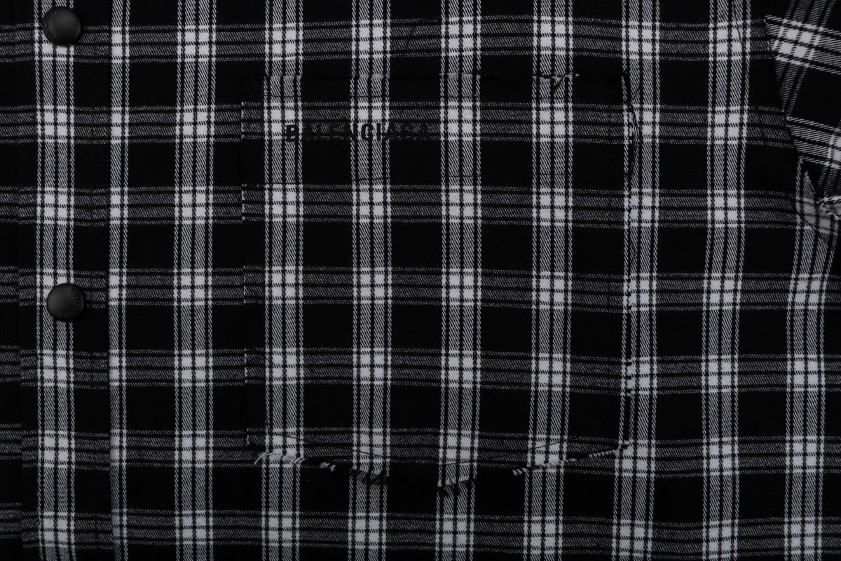 Balenciaga Black and White Checked Distressed Frayed-Edge Long-Sleeve Shirt