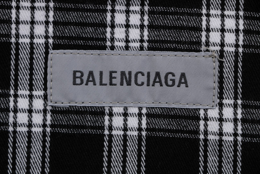 Balenciaga Black and White Checked Distressed Frayed-Edge Long-Sleeve Shirt