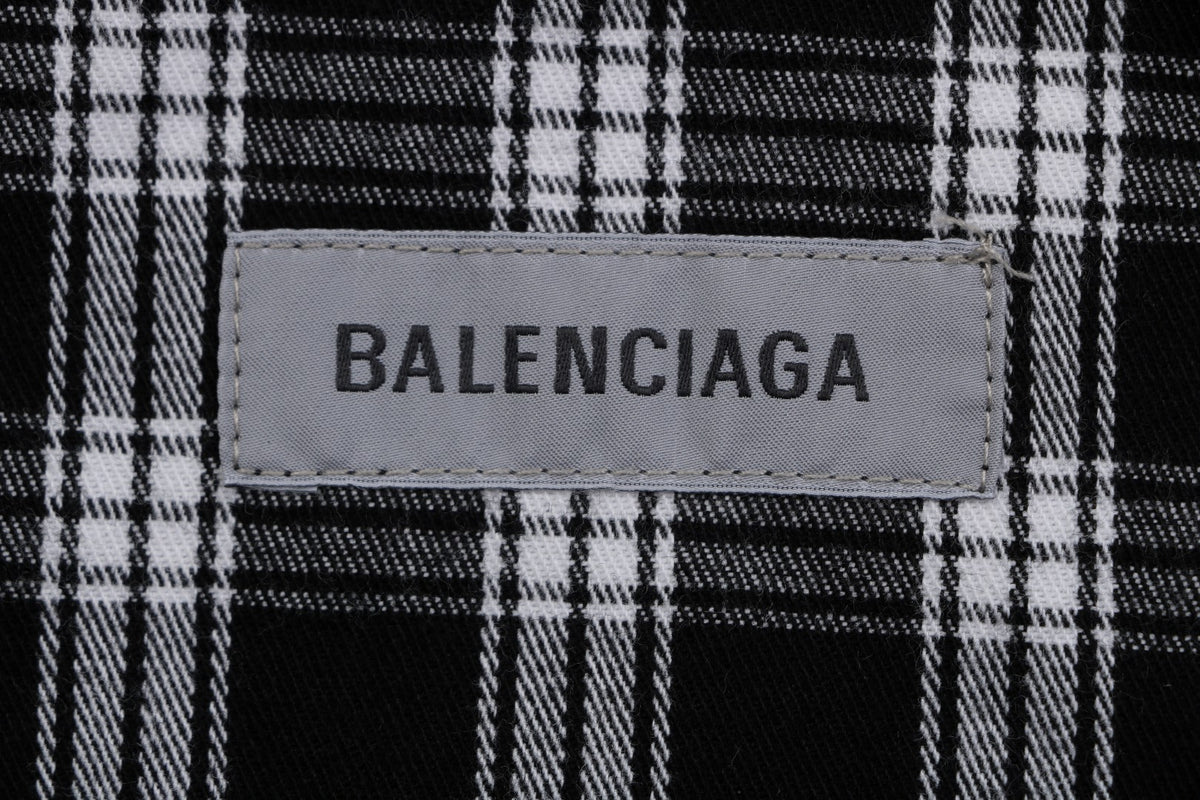Balenciaga Black and White Checked Distressed Frayed-Edge Long-Sleeve Shirt