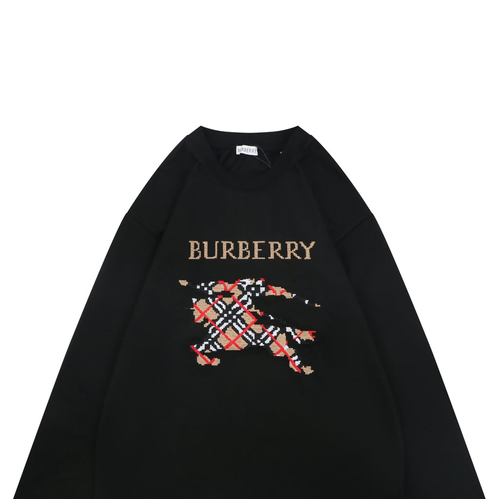 Burberry Black Cross-Stitch Equestrian Knight Embroidered Long-Sleeve Top