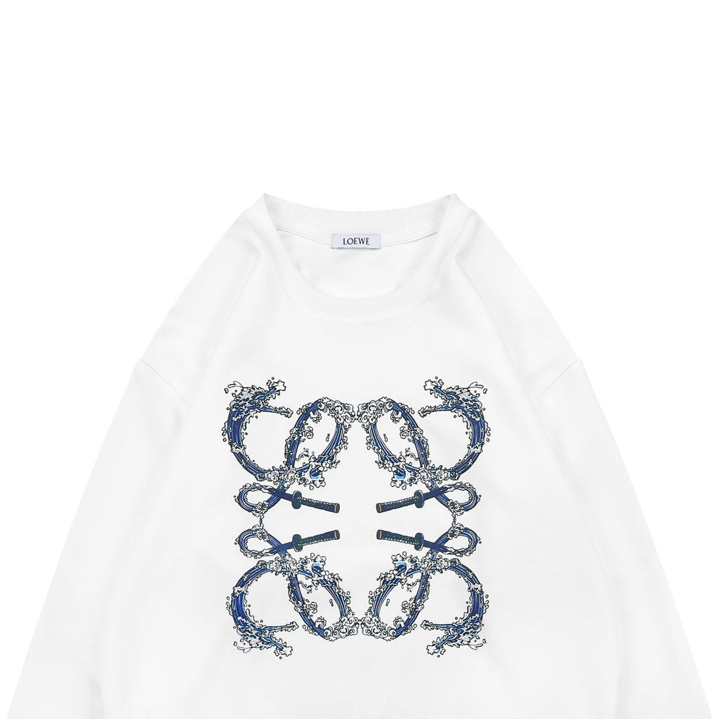 Loewe White Wave Flower Logo Print Crewneck Sweatshirt