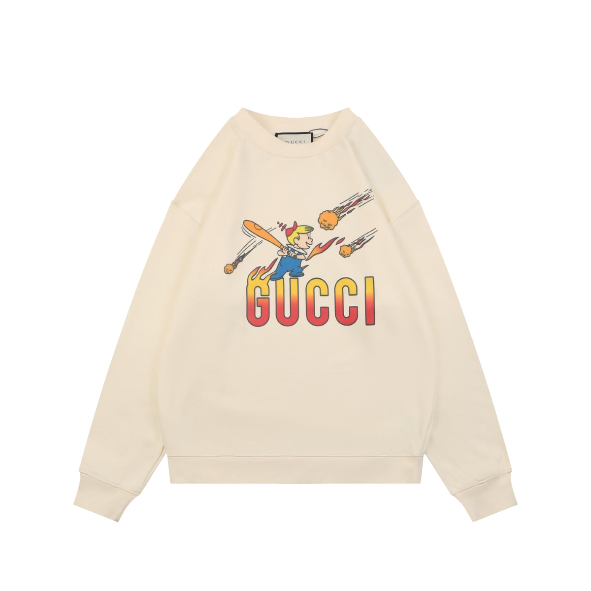 Gucci Cream Flame Baseball Girl Print Crewneck Sweatshirt