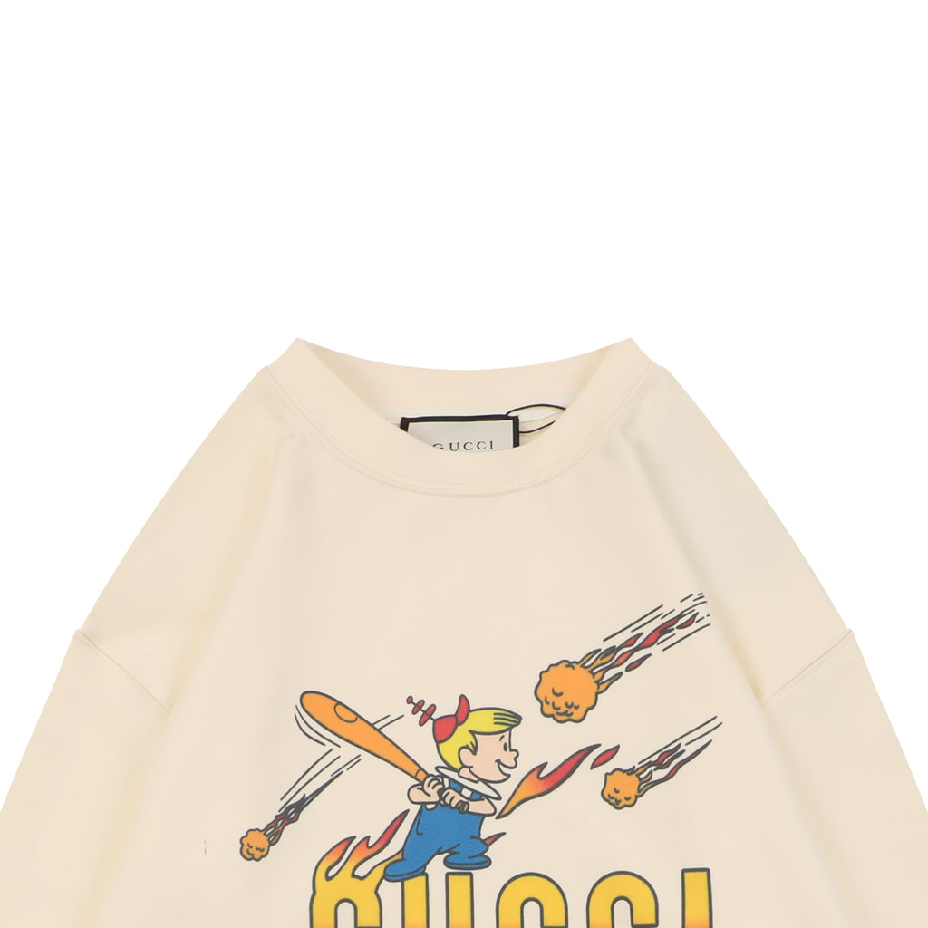Gucci Cream Flame Baseball Girl Print Crewneck Sweatshirt