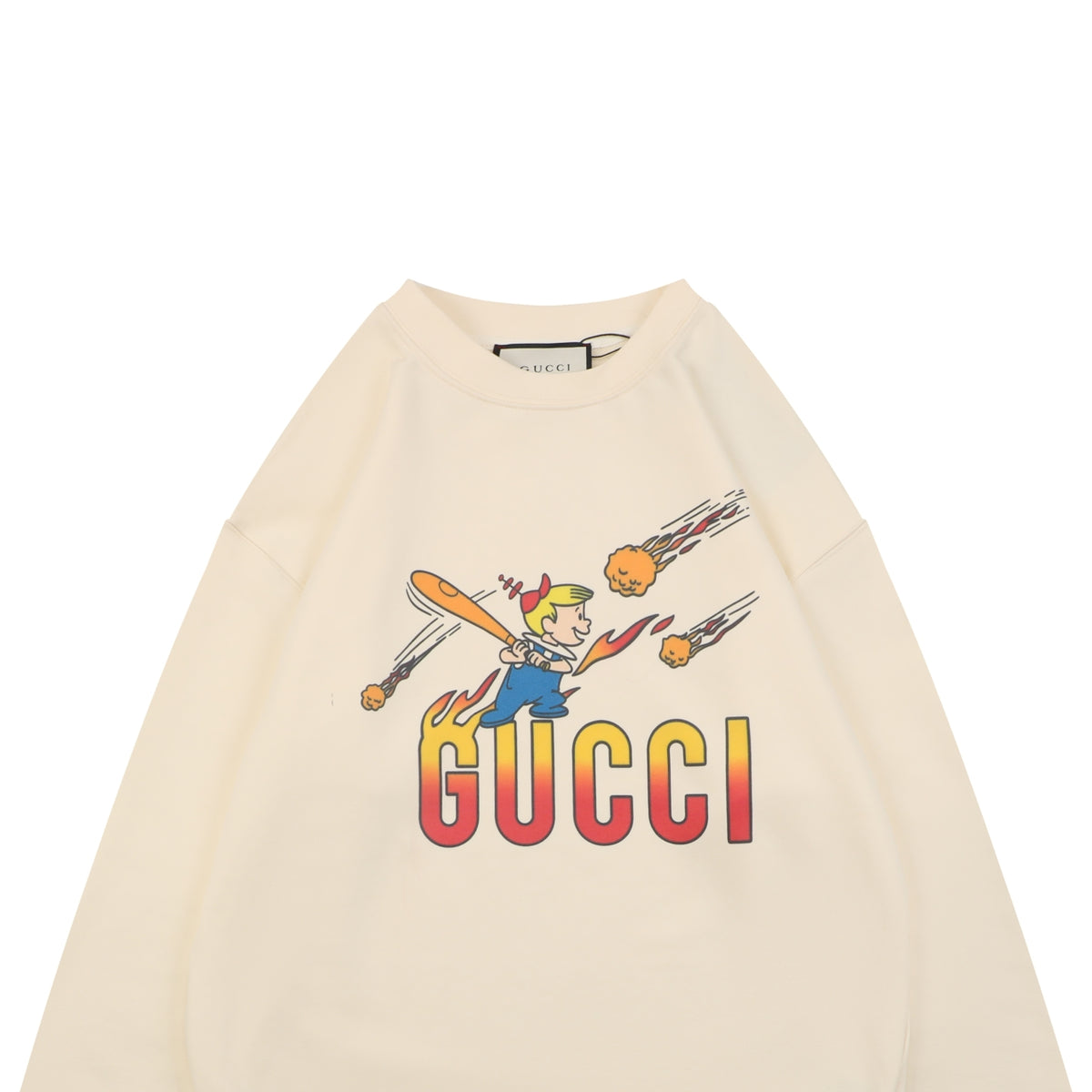 Gucci Cream Flame Baseball Girl Print Crewneck Sweatshirt