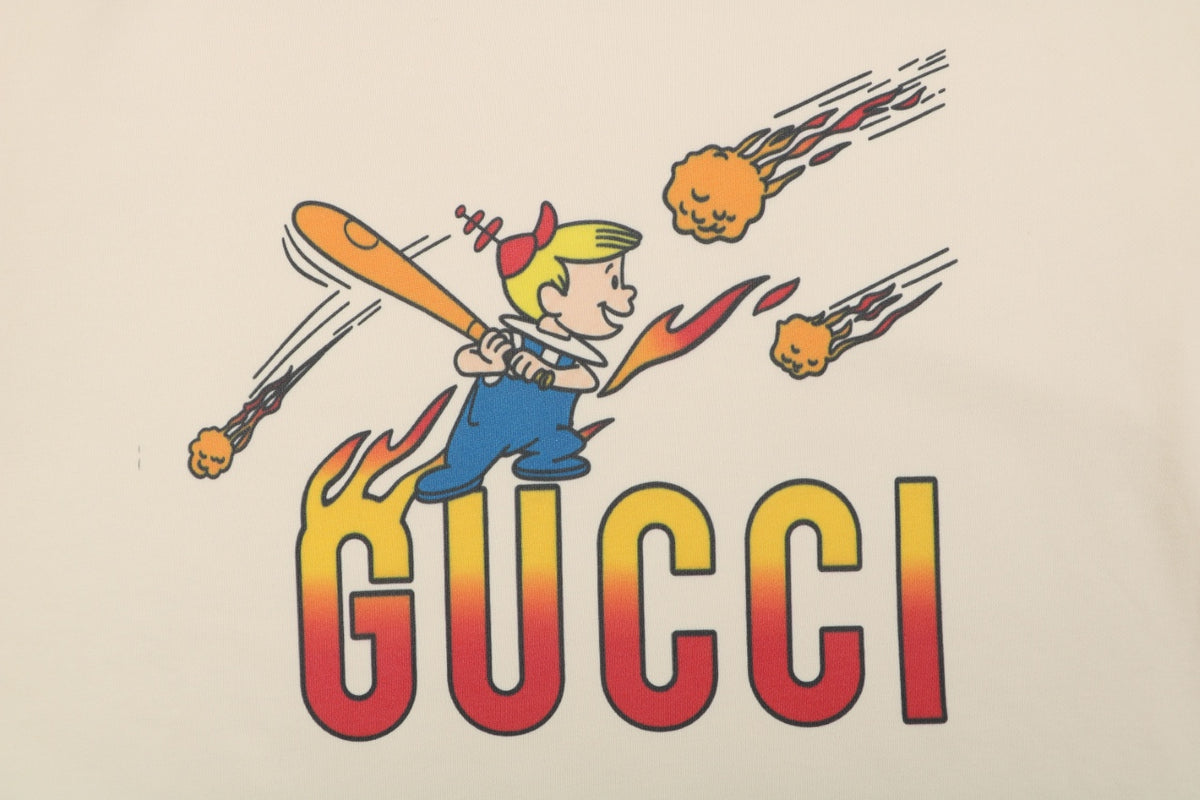 Gucci Cream Flame Baseball Girl Print Crewneck Sweatshirt